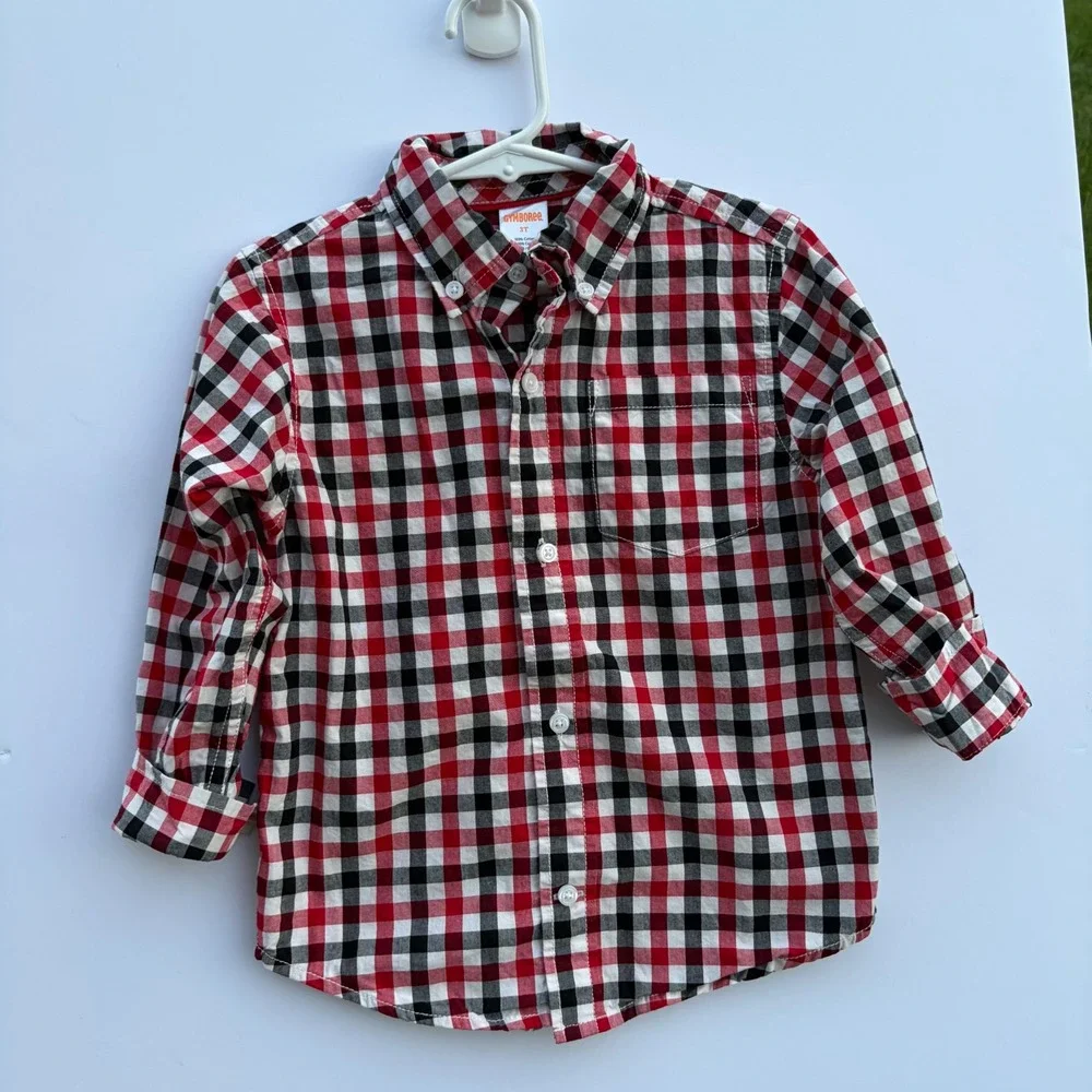 Gymboree Boys 3T Red Black Plaid Button Down‎ Shirt Long Sleeve Cotton 140135367